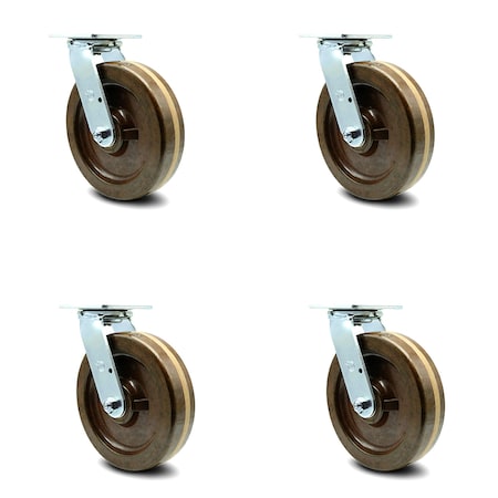 Service Caster 8 Inch High Temp Phenolic Swivel Caster Set with Roller Bearing and Swivel Lock SCC-30CS820-PHRHT-BSL-4